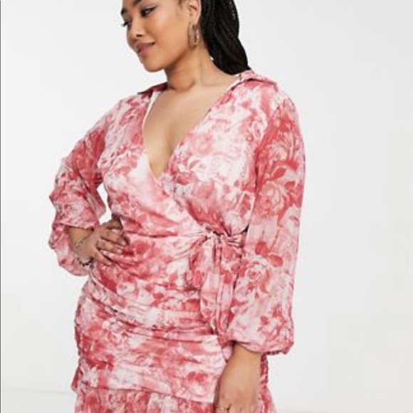 ASOS Curve Soft Wrap Flora Print Mini Dress - Picture 1 of 1